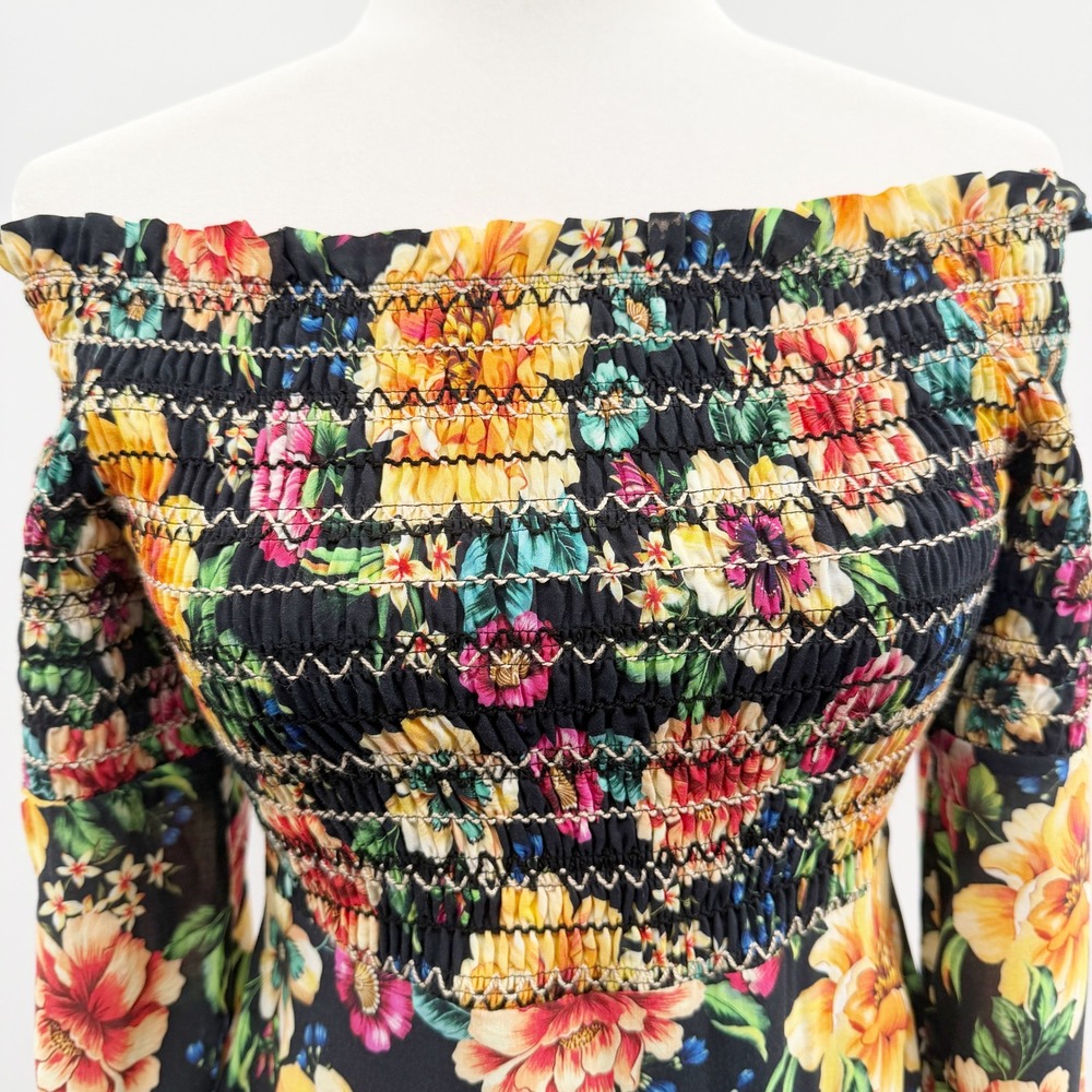 Farm Rio x Anthropologie Sasha Off-The-Shoulder Dress in‎ Black Floral Size XS - Picture 6 of 10